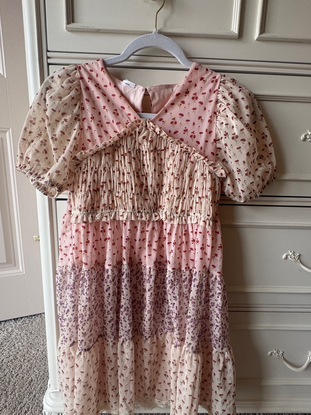 Zara Pink and Cream Floral Tiered Puff-Sleeve Dress
